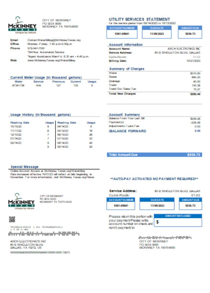 City of McKinney utility business bill, SCR PSD template